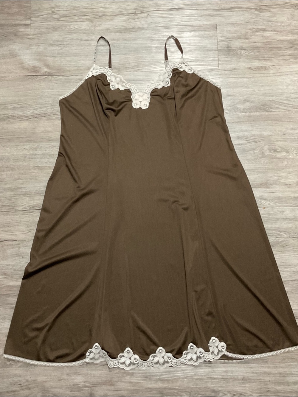 Kayser Vintage Nylon Full Slip Lace-Trim Slip Chemise in Brown
